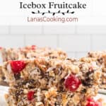 A slice of icebox fruitcake on a white plate.