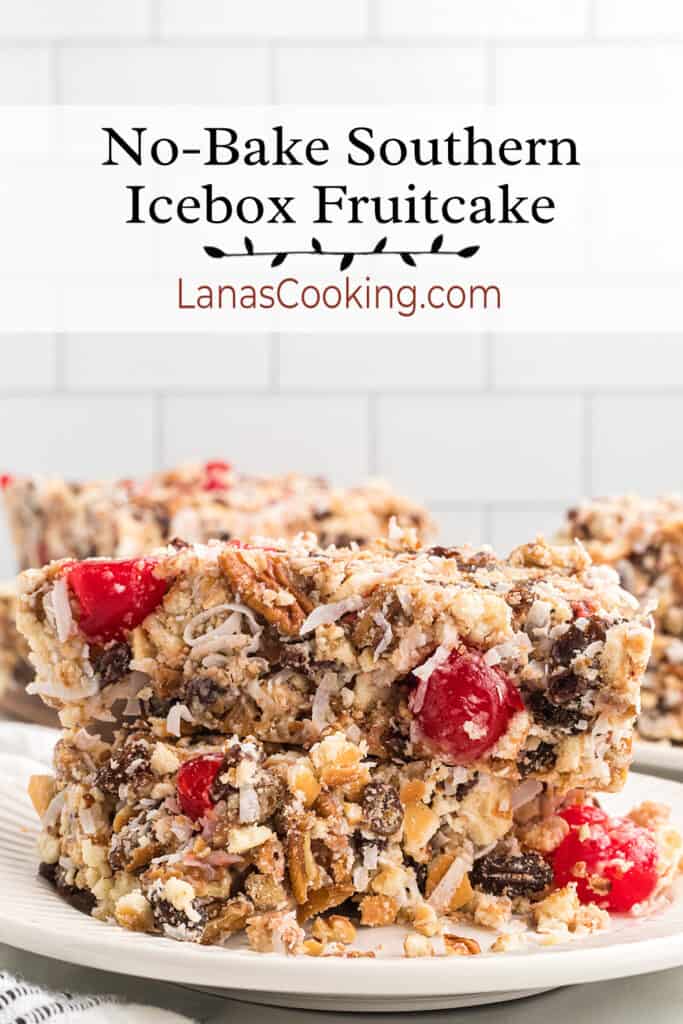 A slice of icebox fruitcake on a white plate.