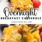 A cheesy breakfast casserole on a plate with berries, and a fork holding a bite-sized piece.