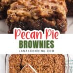 Close-up of pecan pie brownies, with a spatula lifting one piece from a glass baking dish.