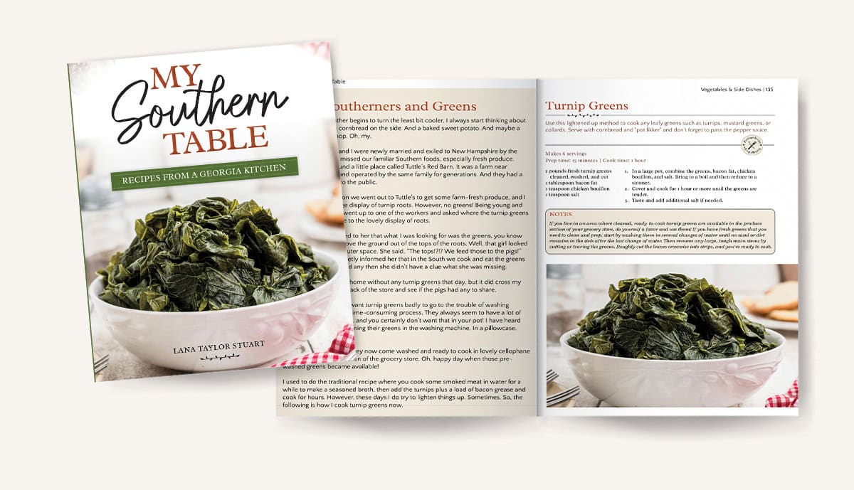 A cookbook titled My Southern Table shows a bowl of cooked greens on the cover. Two inside pages display a turnip greens recipe with a photo of the finished dish.