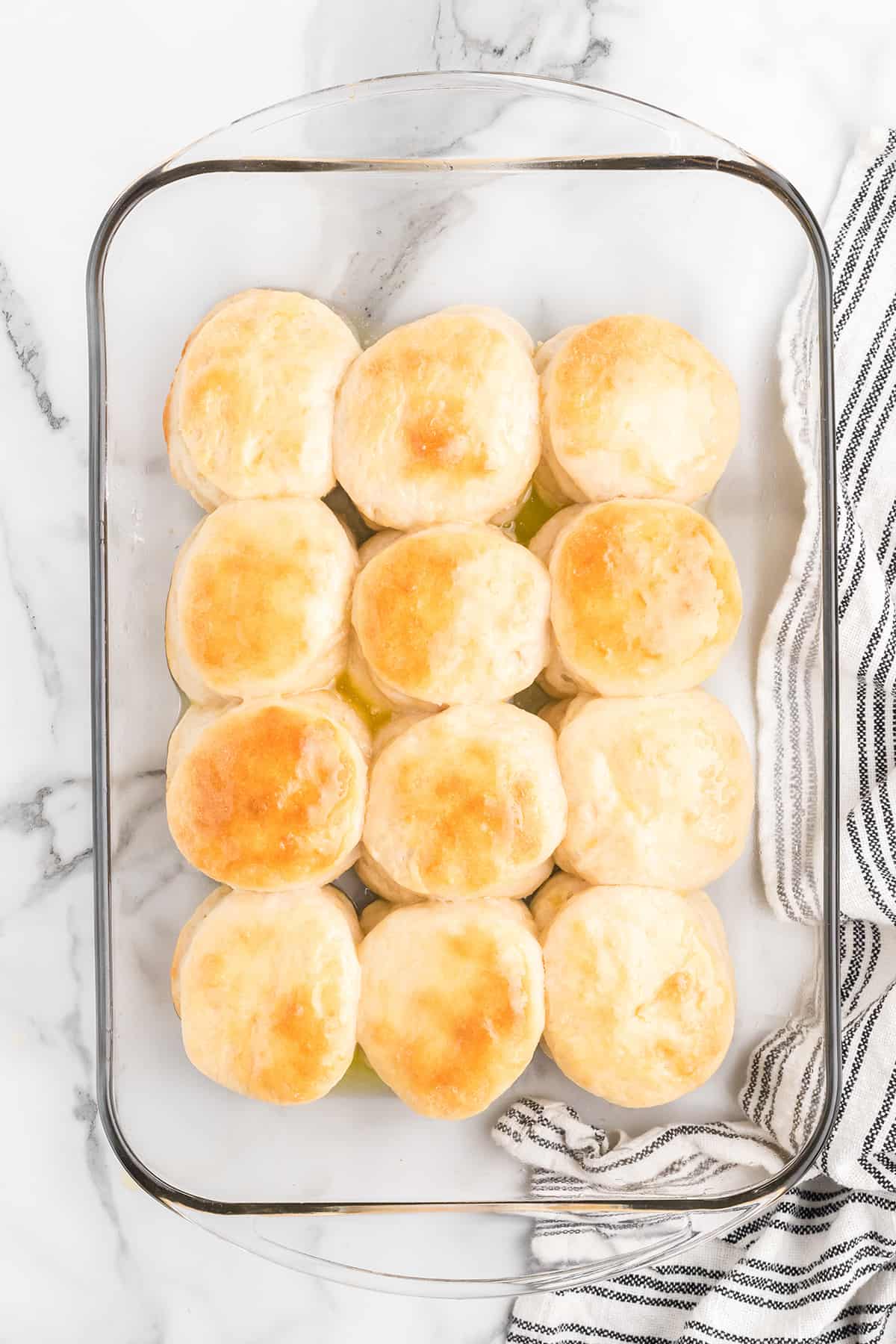 Cooked biscuits in the baking dish.