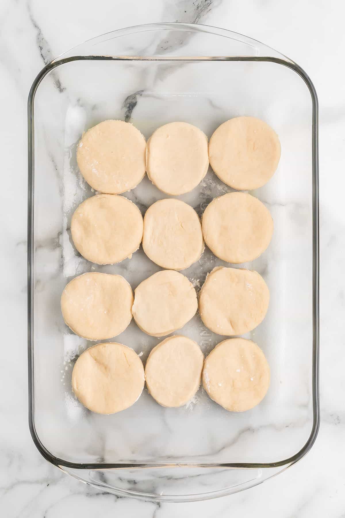 Biscuits in a glass baking dish.