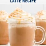 Glass mug of caramel mocha latte topped with whipped cream and caramel drizzle; recipe text above.