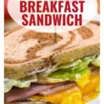 Close-up of a ham and egg breakfast sandwich on rye bread with lettuce, pinned with a toothpick.