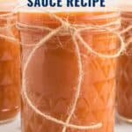 Three glass jars of homemade barbecue sauce with twine bows and a label reading Homemade Barbecue Sauce Recipe.
