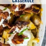 Casserole dish with baked potatoes, melted cheese, bacon, sour cream, and chives. Text: Loaded Baked Potato Casserole.