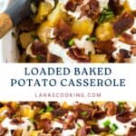 Close-up of loaded baked potato casserole with bacon, sour cream, and chives in a white dish.