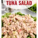 A plate of southern tuna salad with chopped apples and celery on lettuce, with text promoting the recipe.