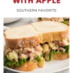 Two tuna salad sandwiches with apple and lettuce on white bread, displayed on a white plate.