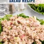 A plate of tuna salad with chopped apples and celery on lettuce, with text Southern Tuna Salad Recipe.