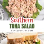 A bowl of tuna salad on lettuce and a sandwich filled with tuna salad on a plate, set on a marble surface with a striped napkin nearby.