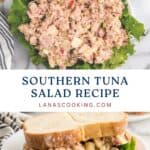 Tuna salad with apples on lettuce and served as sandwiches on bread; text reads Southern Tuna Salad Recipe.