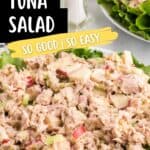 A plate of southern tuna salad with chopped apples and celery, served on a bed of lettuce. Text overlay reads Southern Tuna Salad, So Good So Easy.