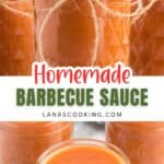 Several glass jars filled with homemade barbecue sauce, with one jar tied with twine, are arranged on a counter. Text overlay reads Homemade Barbecue Sauce lanascooking.com.