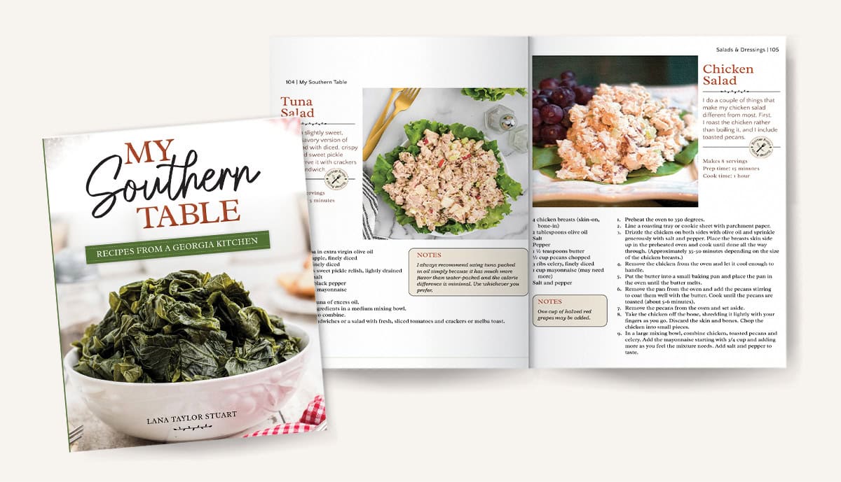 Cover and open pages of the cookbook My Southern Table by Lana Taylor Stuart, featuring recipes for Tuna Salad and Chicken Salad with photos and recipe notes.
