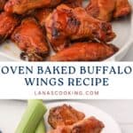 Buffalo chicken wings on plates with sauce, served with celery sticks; text reads Oven Baked Buffalo Wings Recipe.