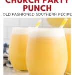 Three glasses of yellow punch with striped straws on a counter, labeled Baptist Church Party Punch..