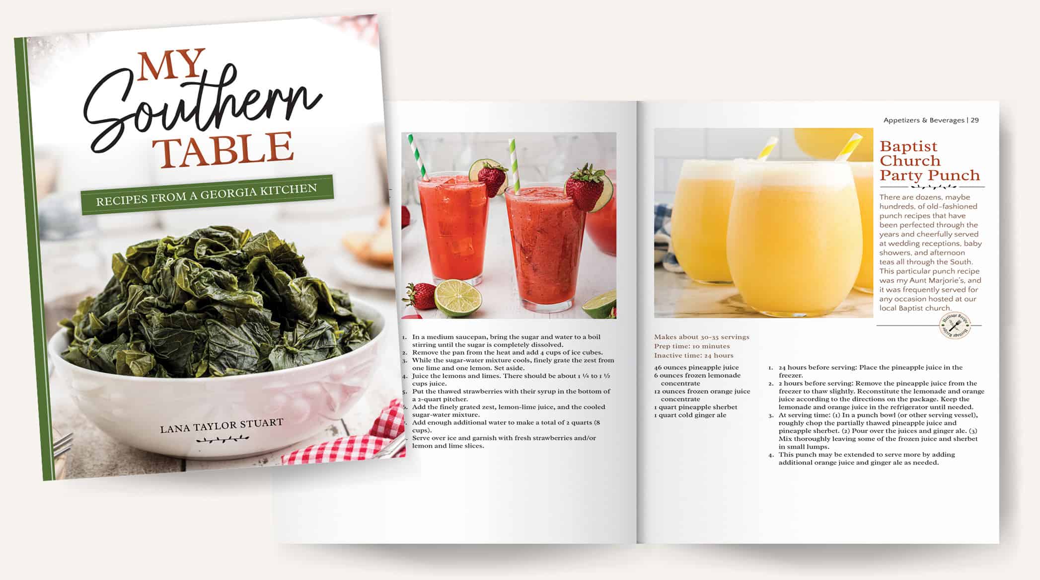 Cookbook mockup showing pages 28 and 29.