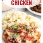 Plate with cheesy baked chicken topped with bacon and parsley, served with mashed potatoes. Text: “Bistro Chicken.”.