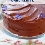 A chocolate cake with purple flowers on top.