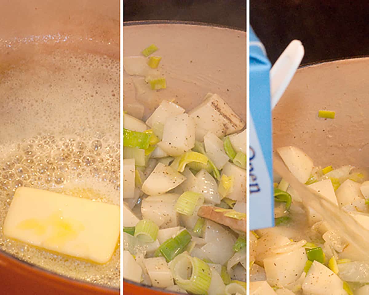 Butter, leeks, and broth being added to a Dutch oven.