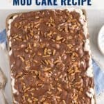 A frosted sheet cake topped with chocolate icing and pecans, labeled Vintage Mississippi Mud Cake Recipe.