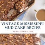 Sheet pan of chocolate Mississippi mud cake topped with pecans next to a cup of coffee and a floral plate.