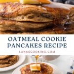 Stack of oatmeal pancakes with butter and syrup, served with blueberries and juice, recipe title shown.