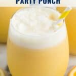 A glass of frothy yellow punch with a striped straw, labeled “Baptist Church Party Punch.”.