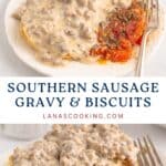 Biscuits topped with sausage gravy and roasted tomatoes on a white plate with a fork.