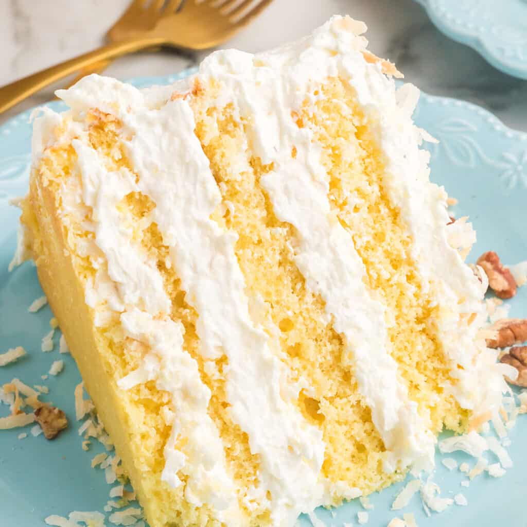 A slice of cake on a blue serving plate.