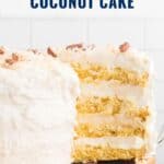 A sliced coconut cake with frosting and pecans, labeled 4 Day Sour Cream Coconut Cake.