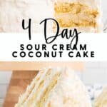 A slice of layered coconut cake with white frosting and coconut flakes on a blue plate.