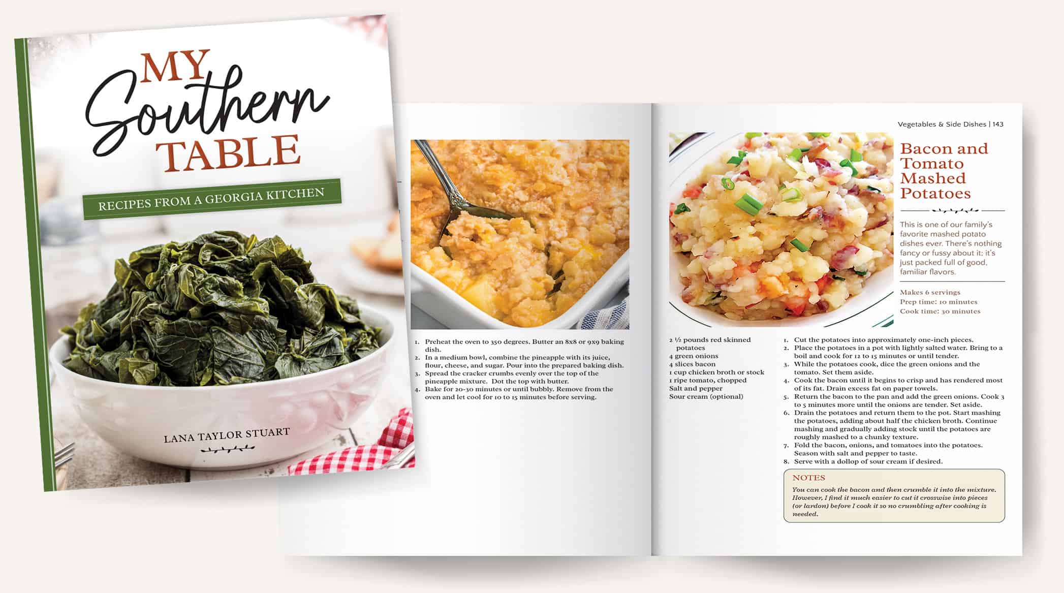 My Southern Table cookbook mockup, pages 142-143.