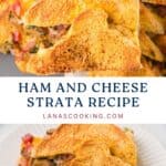 Close-up of a baked ham and cheese strata slice with golden, crispy bread on top, served on a white plate.