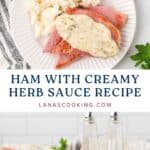 Plate with ham slices topped with creamy herb sauce, served with mashed potatoes; recipe title below.
