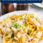 A plate of ham and noodle casserole topped with melted cheese and parsley, with text overlay about the recipe.