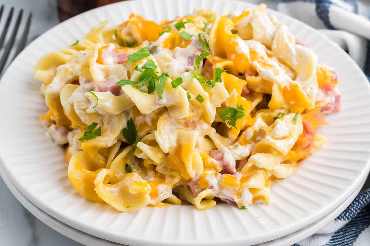A serving of ham and noodle casserole on a white plate.