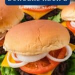 A cheeseburger with lettuce, tomato, onion, and cheddar cheese on a bun with text Homestyle Burgers Recipe.
