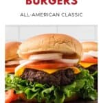 Close-up of a cheeseburger with lettuce, tomato, onion, and cheese in a bun; text reads Homestyle Burgers.