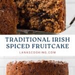 A sliced traditional Irish spiced fruitcake on a cake stand, dusted with powdered sugar.