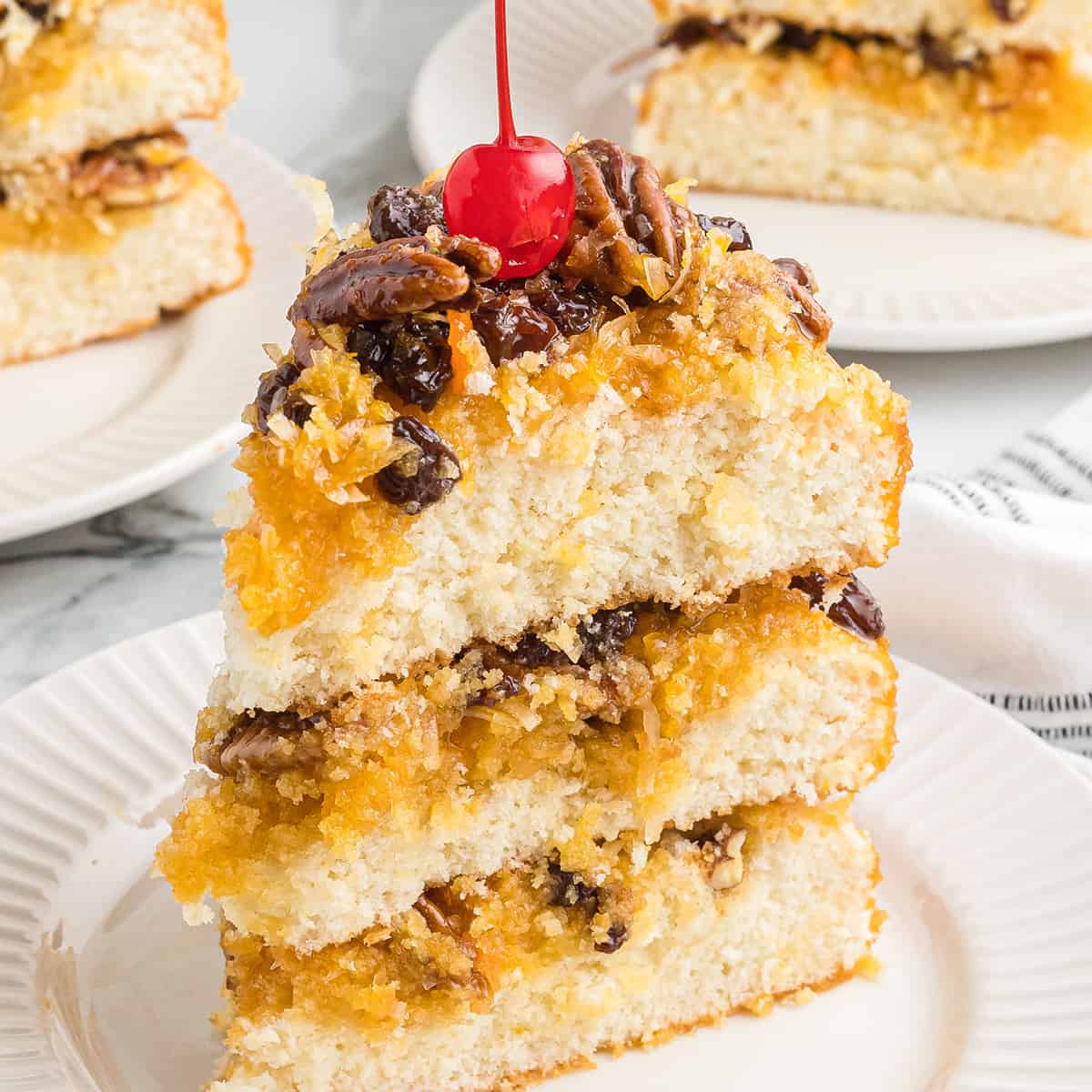 A slice of cake on a serving plate.