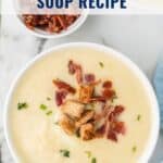Bowl of creamy leek and potato soup topped with croutons, bacon bits, and chopped chives.