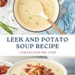 A pot and bowl of creamy leek and potato soup, garnished with croutons, bacon, and chives.