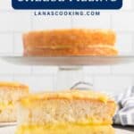 A slice of cake with lemon cheese filling on a plate, with the whole cake in the background.