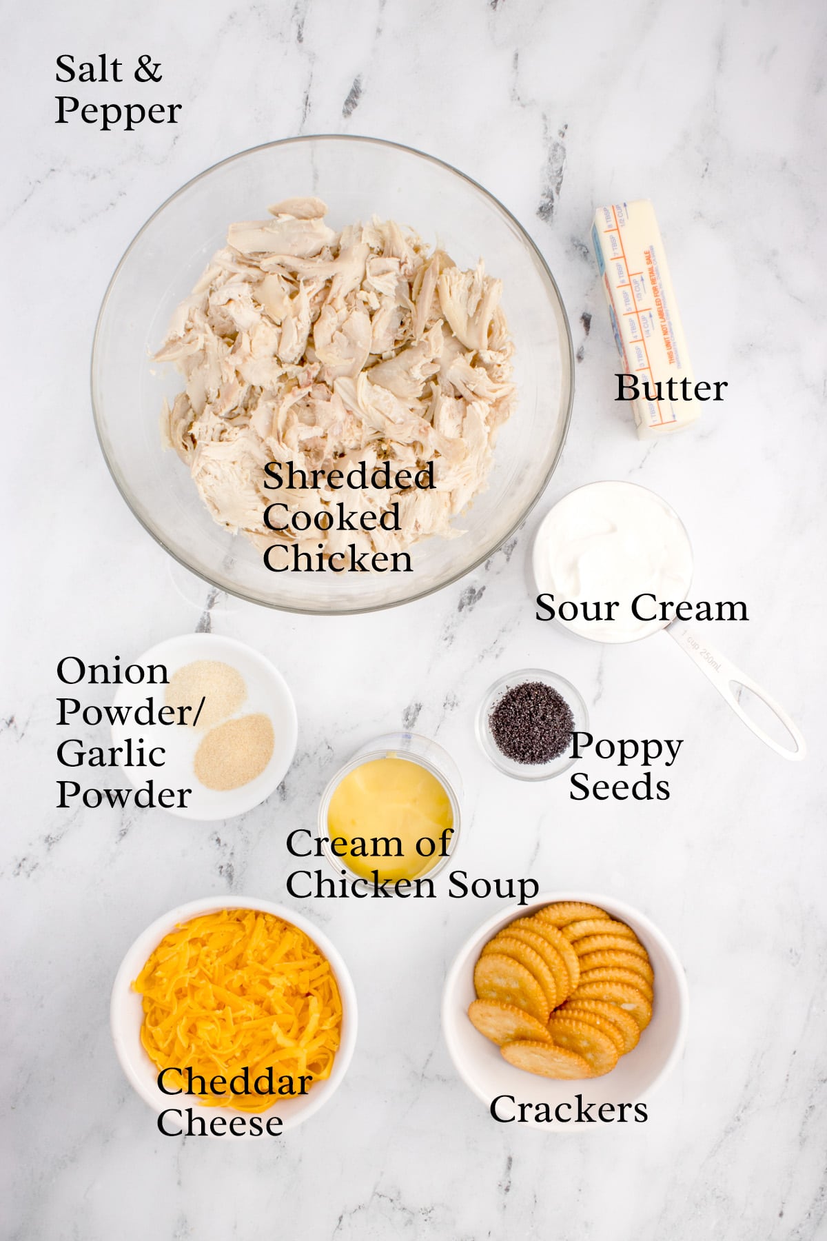 Ingredients needed for poppy seed chicken casserole.