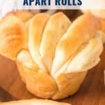 Golden homemade pull-apart roll on a wooden board, with text overlay and website lanascooking.com.