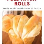 Golden homemade pull-apart roll on a wooden surface, with text above and below describing the recipe.