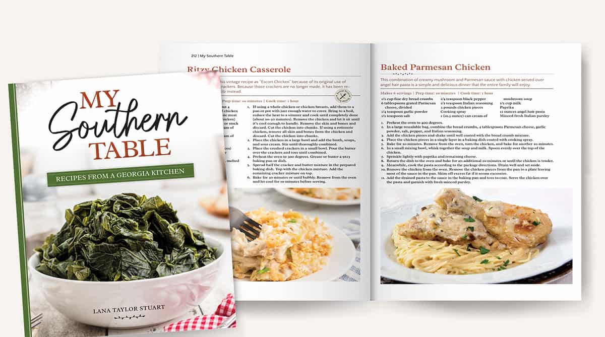 Mockup of My Southern Table cookbook, pages 212-213.